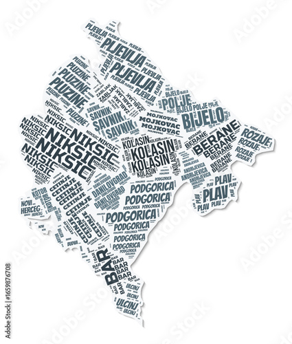 Montenegro shape text cloud. Country border with shadow on white background. Montenegro with regions division in vintage gazette style. Artistic vector illustration.