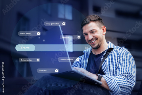 Man engaging with technology in urban setting while exploring digital content creation and assistance tools