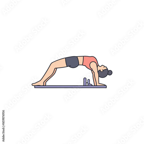 Pilates exercise with bridge pose a woman doing yoga on equipment in studio enhancing flexibility and muscle strength for fitness health and wellness.