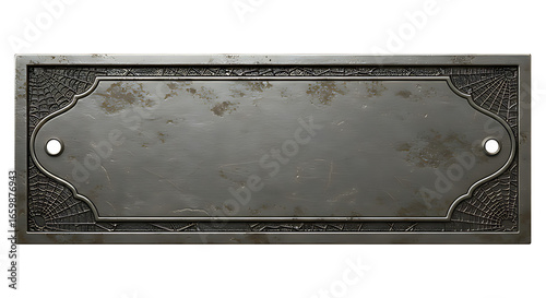 Front-facing realistic antique silver metallic nameplate with spiderweb engraved edges tarnished texture isolated on transparent background no text