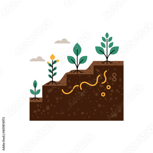 Plant growth stages in soil showcasing seedling development flowering and maturation ideal for illustrating agriculture organic farming and sustainable gardening.