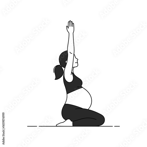 pregnancy yoga a pregnant woman in a kneeling yoga pose arms raised above head for prenatal exercise a healthy lifestyle choice and fitness