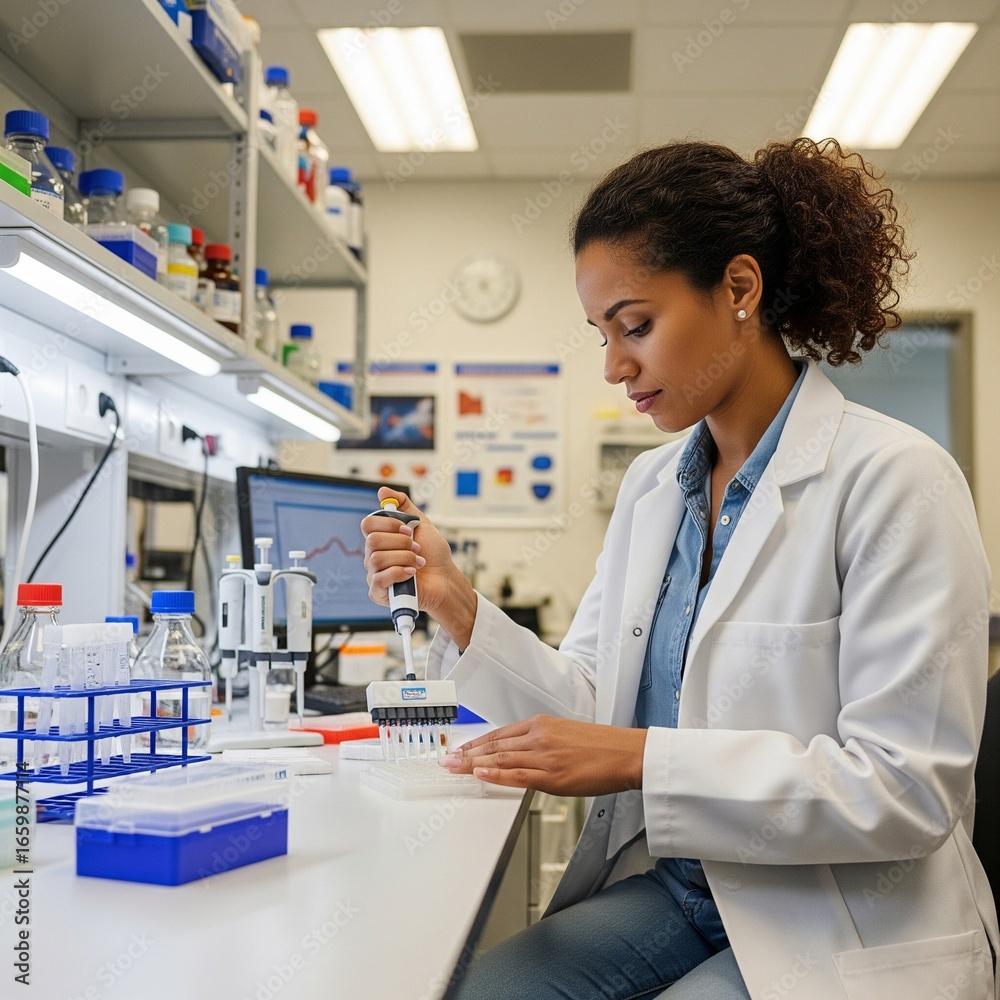 Female Scientist in Everyday Clothing Working with Pipette Female Scientist in Everyday Clothing Working with Pipette