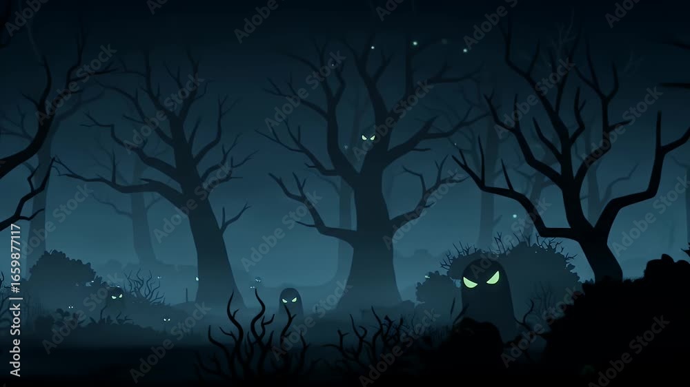 Eerie Eyes Glowing in Dark Forest Landscape Eerie Eyes Glowing in Dark Forest Landscape