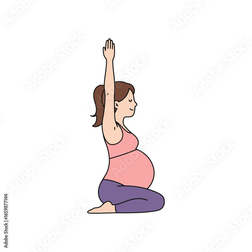 Pregnancy yoga pose woman practicing prenatal yoga seated with raised arm promoting health and wellness for expectant mothers illustrating fitness and healthy lifestyle
