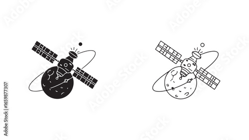 Satellite orbiting earth with moon and solar panels