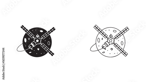 Satellite orbiting planet outline style