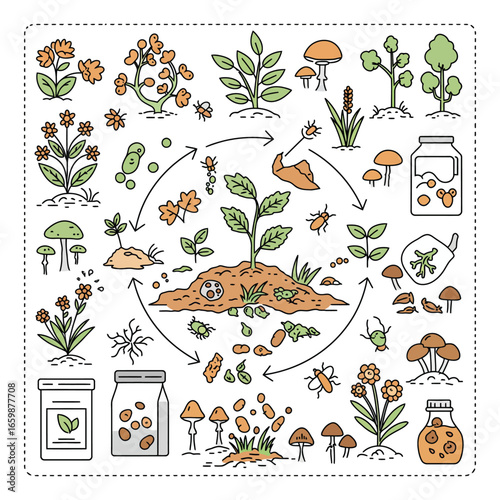 Signage ecosystem biodegradable decomposition process showcasing a plant growing from soil organic waste and compost with nature sustainability cycle perfect for ecological design material