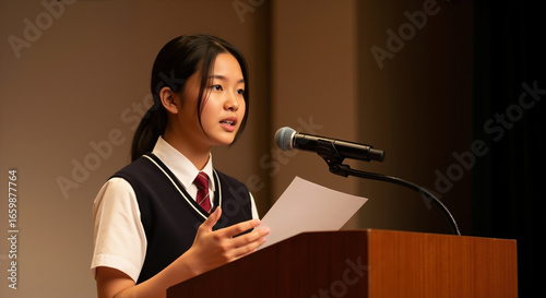 Young woman in school uniform speaking at podium with microphone. Student presentation and public speaking training for educational development and communication skills