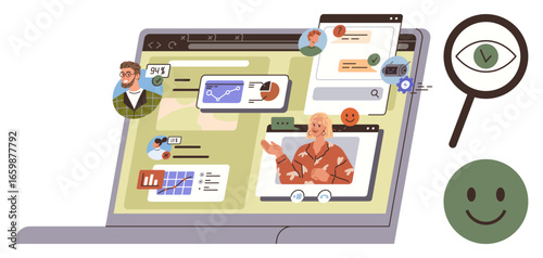 Laptop screen displaying analytics, virtual meetings, and collaborative tools. Magnifying glass emphasizes analytics, while smiling faces suggest engagement. Ideal for teamwork, remote work