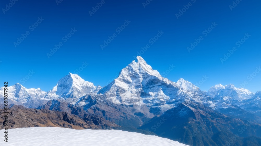 A vast panorama of snow-capped peaks against a vibrant cerulean sky, showcasing the majestic grandeur of a mountain range. A vast panorama of snow-capped peaks against a vibrant cerulean sky, showcasing the majestic grandeur of a mountain range.