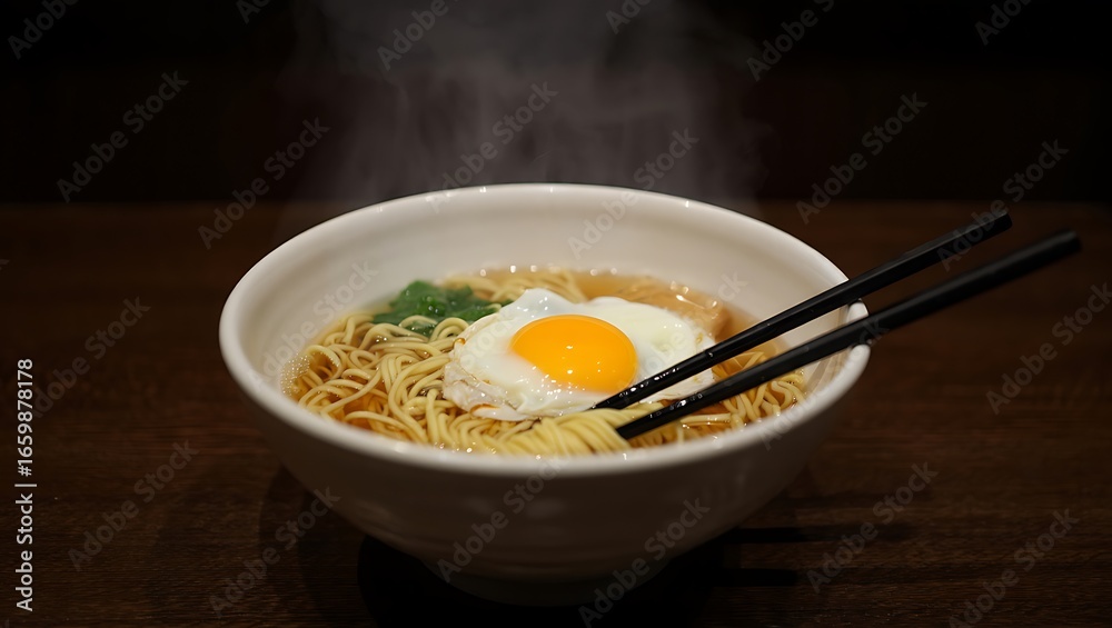Savory Steaming Ramen Bowl with a Perfectly Fried Egg and Chopsticks Savory Steaming Ramen Bowl with a Perfectly Fried Egg and Chopsticks