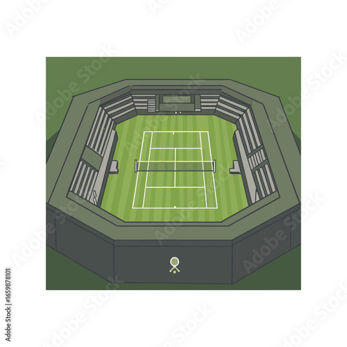 tennis court aerial view of a stadium showcasing a meticulously maintained playing field within a sports venue ideal for sports editorial and event promotion.