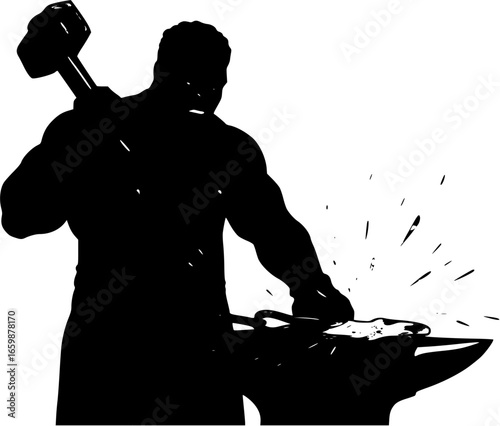 Powerful Blacksmith at Work Striking Metal on Anvil.
