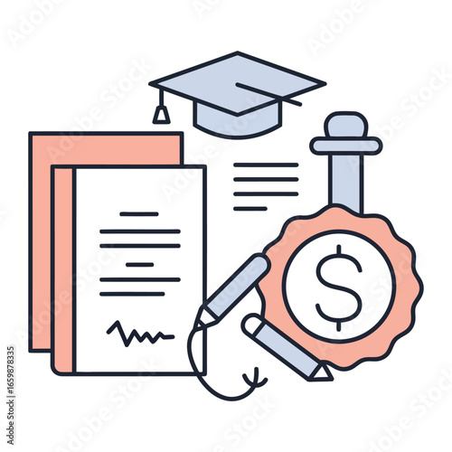 tuition loan concept analyzing education costs for graduation with grant and scholarship documents on a desk showing financial planning for students