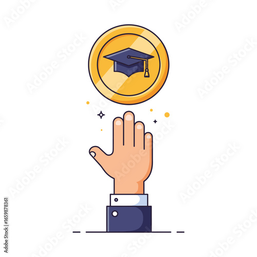 Tuition loan concept hand reaching for graduation cap coin symbolizing education investment and financial planning for academic success
