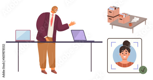 Office worker gesturing at laptops on workspace, file boxes, and profile selection with approval. Ideal for recruitment, office tasks, presentation, workplace systems, HR, teamwork simple flat