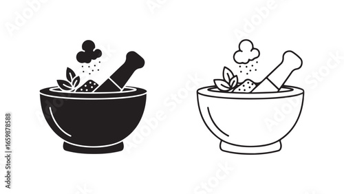 Mortar and pestle with herbs for natural remedies