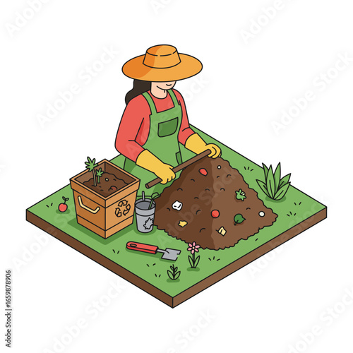 Woman composting food waste in a garden working with compost growth worm castings for healthy soil promoting sustainable organic gardening practice.