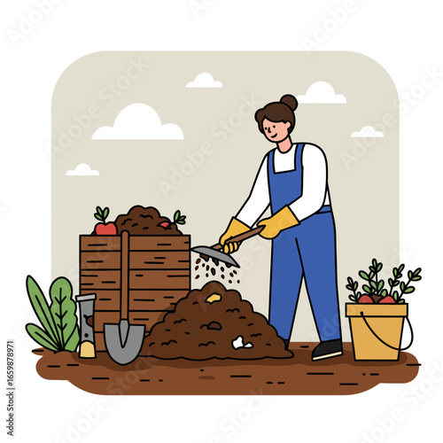 woman composting organic waste with a shovel in her backyard garden promoting sustainable living and environmental awareness through responsible waste disposal.