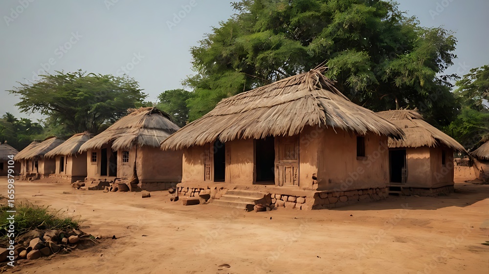 Traditional african village with mud huts and thatched roofs in a rural setting on a sunny day Traditional african village with mud huts and thatched roofs in a rural setting on a sunny day