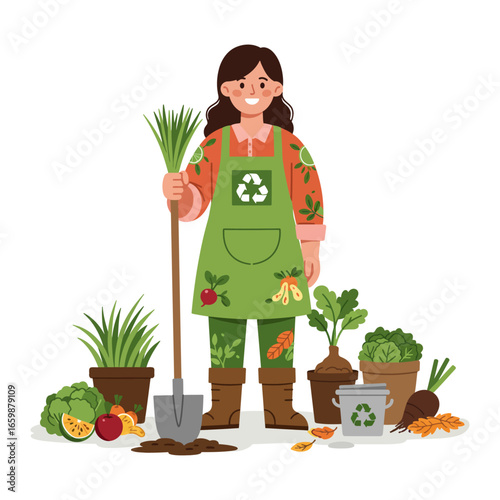 Woman gardener harvesting fresh vegetables promoting sustainable agriculture in a community garden ideal for eco-friendly lifestyle and healthy eating content.