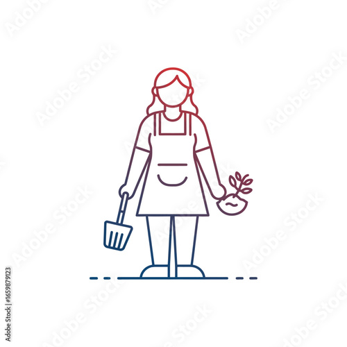 Woman gardener tending plants with a shovel working in her garden promoting themes of sustainability and eco-friendly living ideal for gardening blogs.