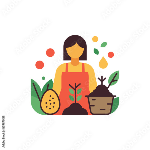 Woman gardening with seedlings planting a sapling in soil and composting organic waste promoting sustainable lifestyle and eco-friendly practices.