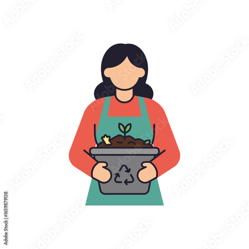 Woman holding a recycle pot with sprouts promoting sustainable growth and eco-friendly gardening for environmentally conscious living.