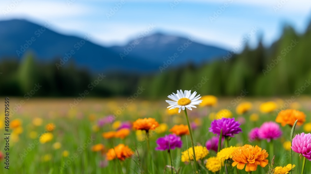 Fototapeta premium A vibrant meadow bursting with wildflowers of various colors against a backdrop of majestic mountains, showcasing a picturesque spring scene.
