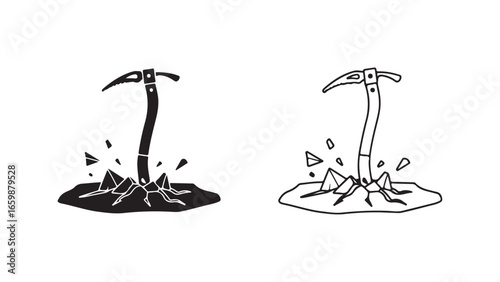 Ice axe on rock with snow chips