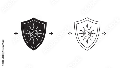 Shield emblem with sun rays and stars with transparent background