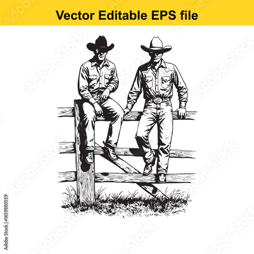 Two cowboys sitting and leaning on a wooden fence in a rural setting