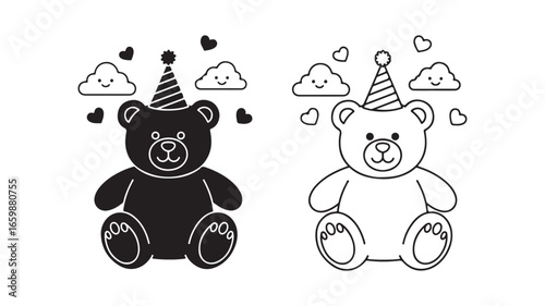 Sitting teddy bear with party hat and clouds