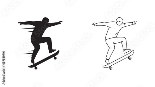 Skateboarder jumping silhouette and outline with transparent background