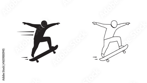 Skateboarder jumping silhouette and outline with transparent background