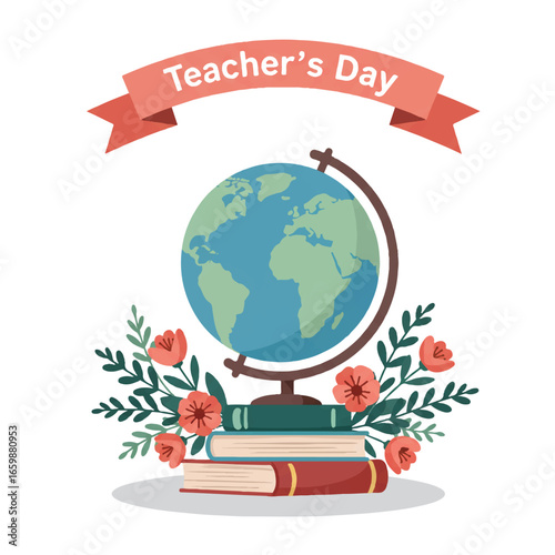 Teacher's Day 2D flat vector illustration featuring a globe, stacked books, and beautiful flowers, all beneath a celebratory ribbon banner on a clean white background.
