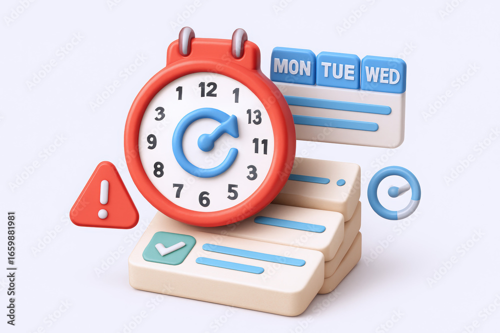 Fototapeta premium Colorful digital clock and task icons on a minimalist background, symbolizing time management.