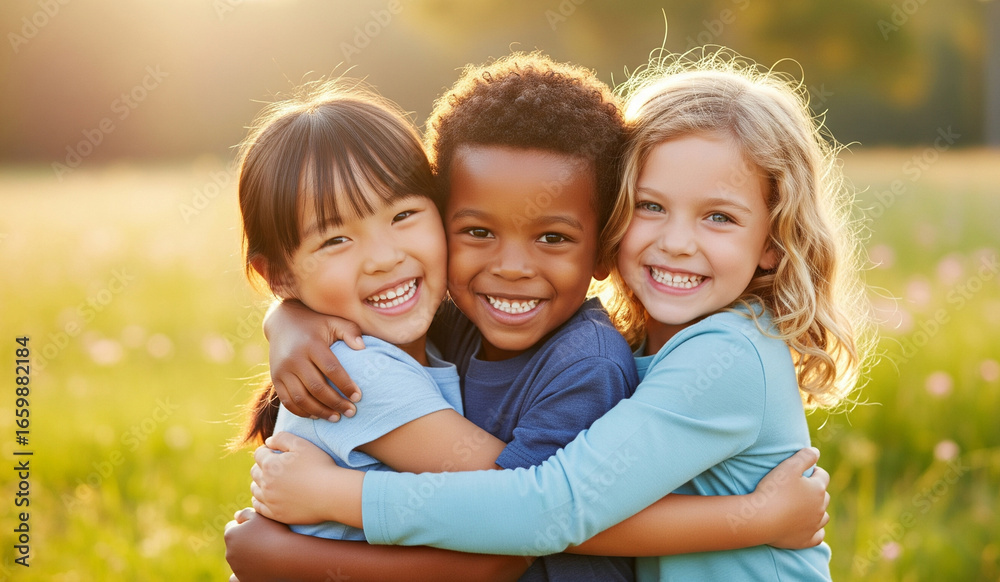 Fototapeta premium Three diverse kids smiling and hugging outdoors, symbolizing friendship, unity, inclusion, and multicultural connection. Perfect for concepts of diversity, teamwork, and community.