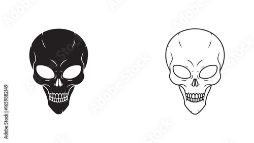 Skull outline and solid black skull with transparent background
