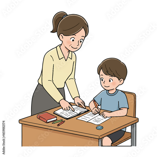 Teacher's Day themed 2D flat vector illustration of a kind teacher patiently helping a young student with homework at a desk, featuring an open book and pencils, creating a warm learning atmosphere.