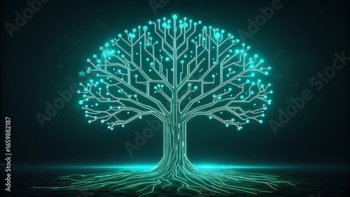 Glowing digital tree made of circuit lines