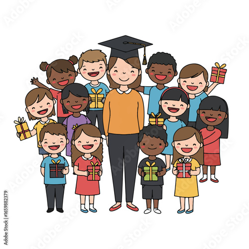 A heartwarming flat 2D vector illustration for Teacher's Day, depicting a joyful scene with a cap-wearing educator surrounded by grateful students presenting small gifts on a clean white background.