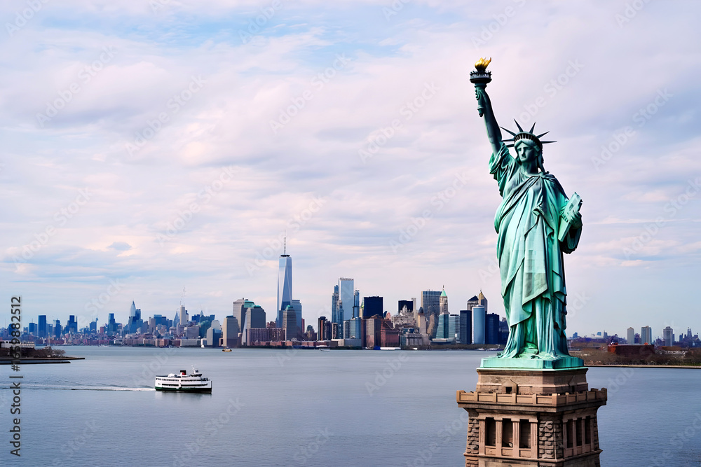Fototapeta premium Statue of Liberty with New York City Skyline and Ferry on a Clear Day