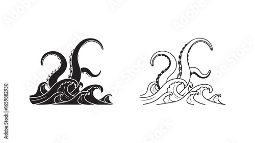 Octopus tentacles rising from ocean waves with transparent background