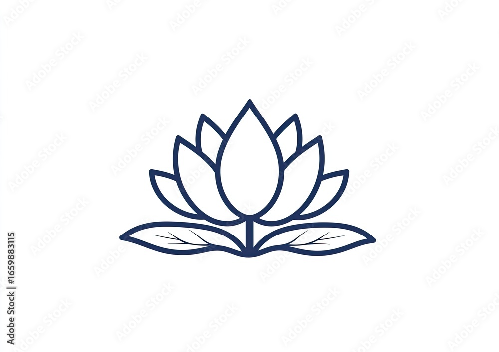 Simple line art, a vector logo of a lotus flower with leaves at the bottom, on a white background Simple line art, a vector logo of a lotus flower with leaves at the bottom, on a white background