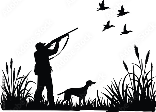 Hunter with dog aiming at flying ducks in marshland, black silhouette vector illustration, ideal for wildlife, hunting, outdoor, and sport-themed designs