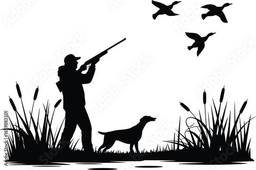 Hunter with dog aiming at flying ducks, silhouette vector illustration of wildfowl hunting in marshland scene, ideal for outdoor and wildlife designs