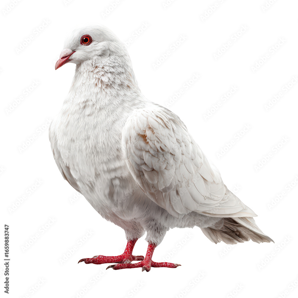 Obraz premium Pure white pigeon with vibrant red eyes and feet against black background