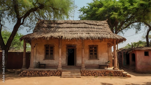 Front view of a traditional indian village house with thatched roof and mud walls surrounded by trees and nature